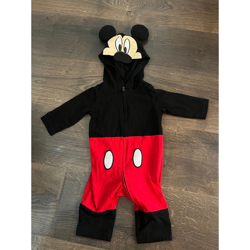 Disney Baby Mickey Mouse Hooded Jumpsuit Coverall Black Red 0-6M